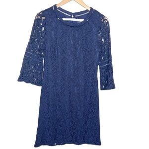 ADRIANNA papell navy lace bell sleeve semi fitted lined knee length dress
